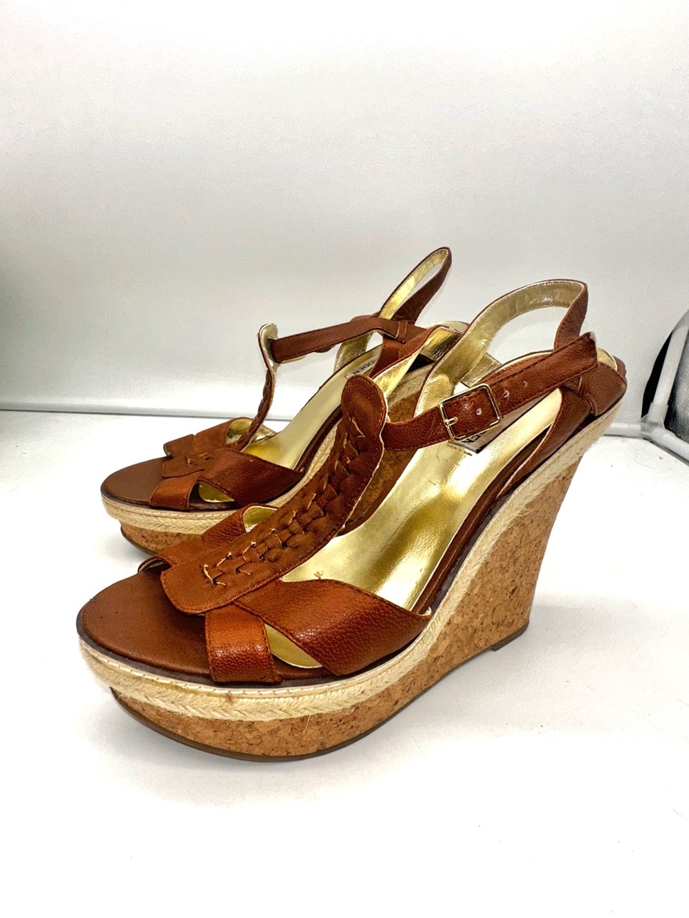Steve Madden Brown Leather Cork Wedge Sandals size 8